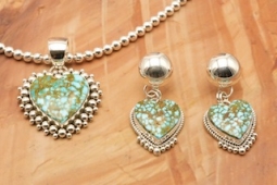 Artie Yellowhorse Genuine Kingman Turquoise Sterling Silver Heart Pendant and Earrings Set
